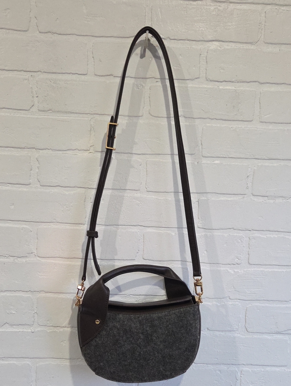 Gray Felt and Black Leather Accent Crossbody Handbag